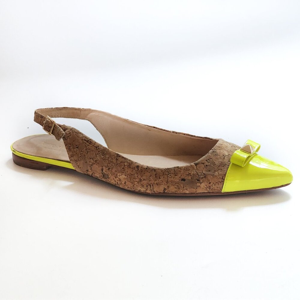 KATE SPADE Ginny Pointed Toe Kork Flat Slingback Sandals Bow Neon Yellow